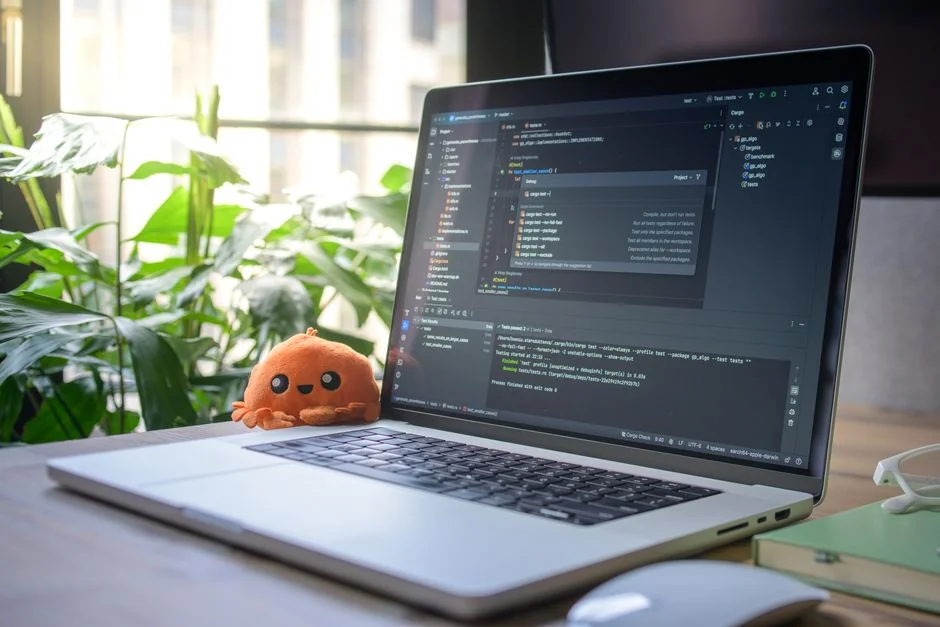 A modern workspace featuring a laptop, tablet, and smartphones, perfectly suited for tech and freelance work.